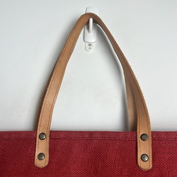 Ballard Designs Red Woven Jute Embroidered Leather Strap Zip Closure Large Tote - Picture 5 of 9